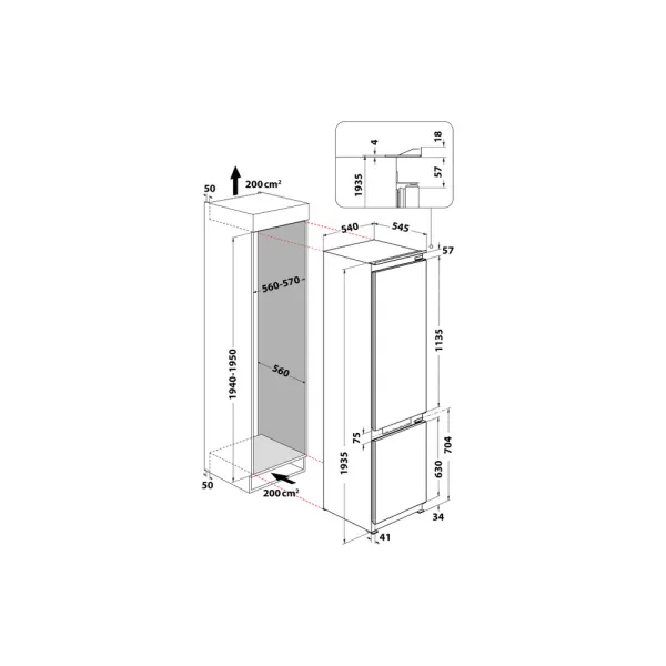 Εντοιχιζόμενος Ψυγειοκαταψύκτης Whirlpool WHC20 T573 280lt Total NoFrost Υ193.5xΠ54xΒ54.5εκ.