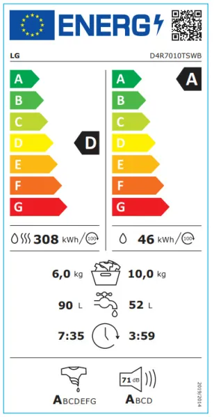 Πλυντήριο-Στεγνωτήριο Ρούχων LG D4R7010TSWB 10kg/6kg Ατμού 1400 Στροφές 