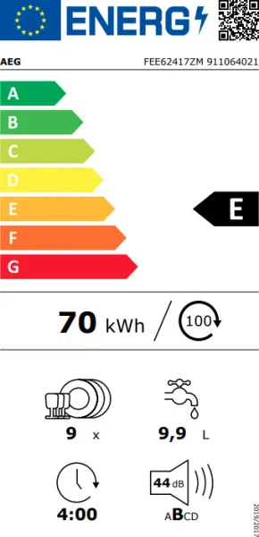 Πλυντήριο Πιάτων AEG Εντοιχιζόμενο FEE62417ZM για 9 Σερβίτσια 